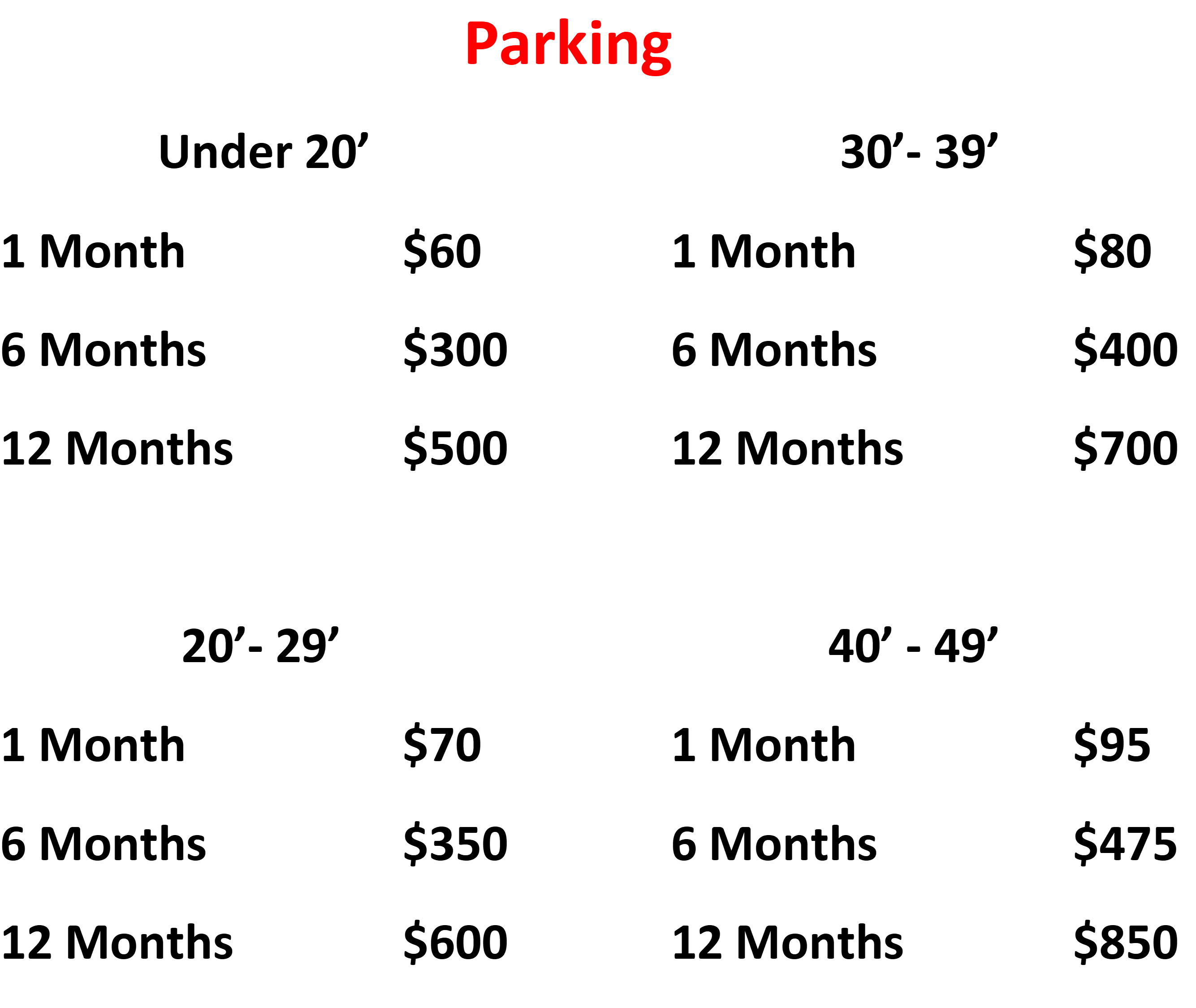 Parking prices at Harbour Storage